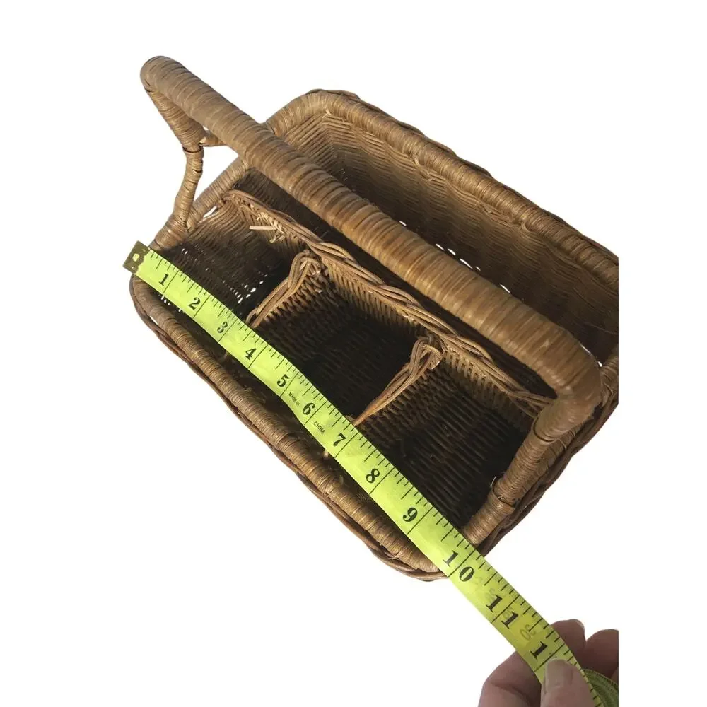 Vintage Rattan & Wicker Divided Utensil Caddy Storage Basket Country Cottage
